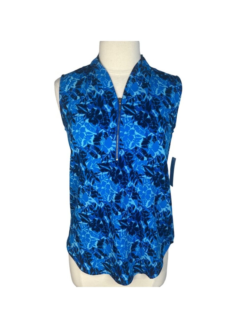NY Collection Sleeveless Blouse Small Blue Floral New Zipper Vneck Shirt